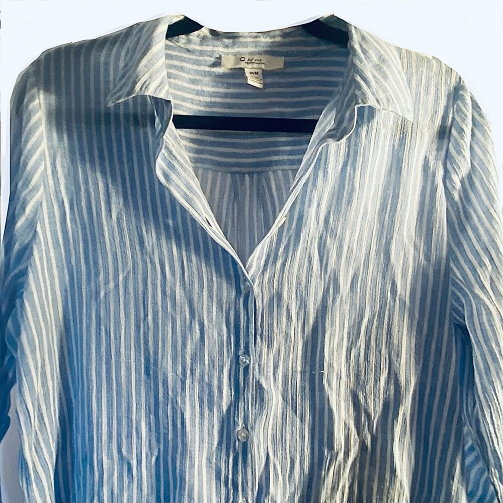 Chic Blue/White Stripe Button-Up Long sleeve